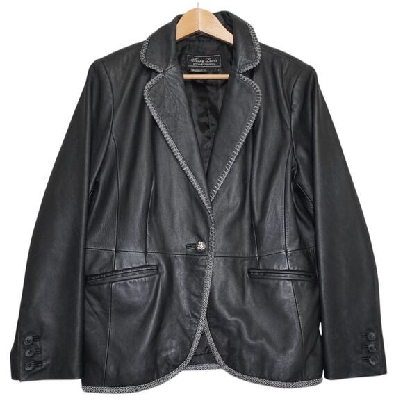 Tony Lama Genuine Leather Blazer Jacket Women’s L  Western Snake Trim Black Coat - Picture 2 of 6